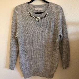 Loft Gray Embroidered Knit Sweater